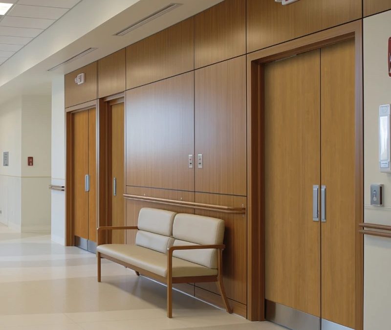 Portes architecturales en bois installées dans un corridor d’hôpital avec cadre sur mesure – Raymond Architectural