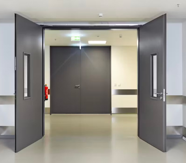 Portes architecturales coupe-feu en acier gris à double vantail avec vitrages étroits, installées dans un corridor institutionnel – Raymond Architectural