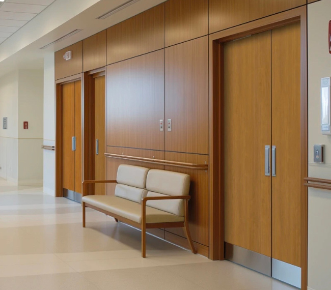 Portes architecturales en bois dans un couloir moderne d’institution, avec assise murale – Raymond Architectural